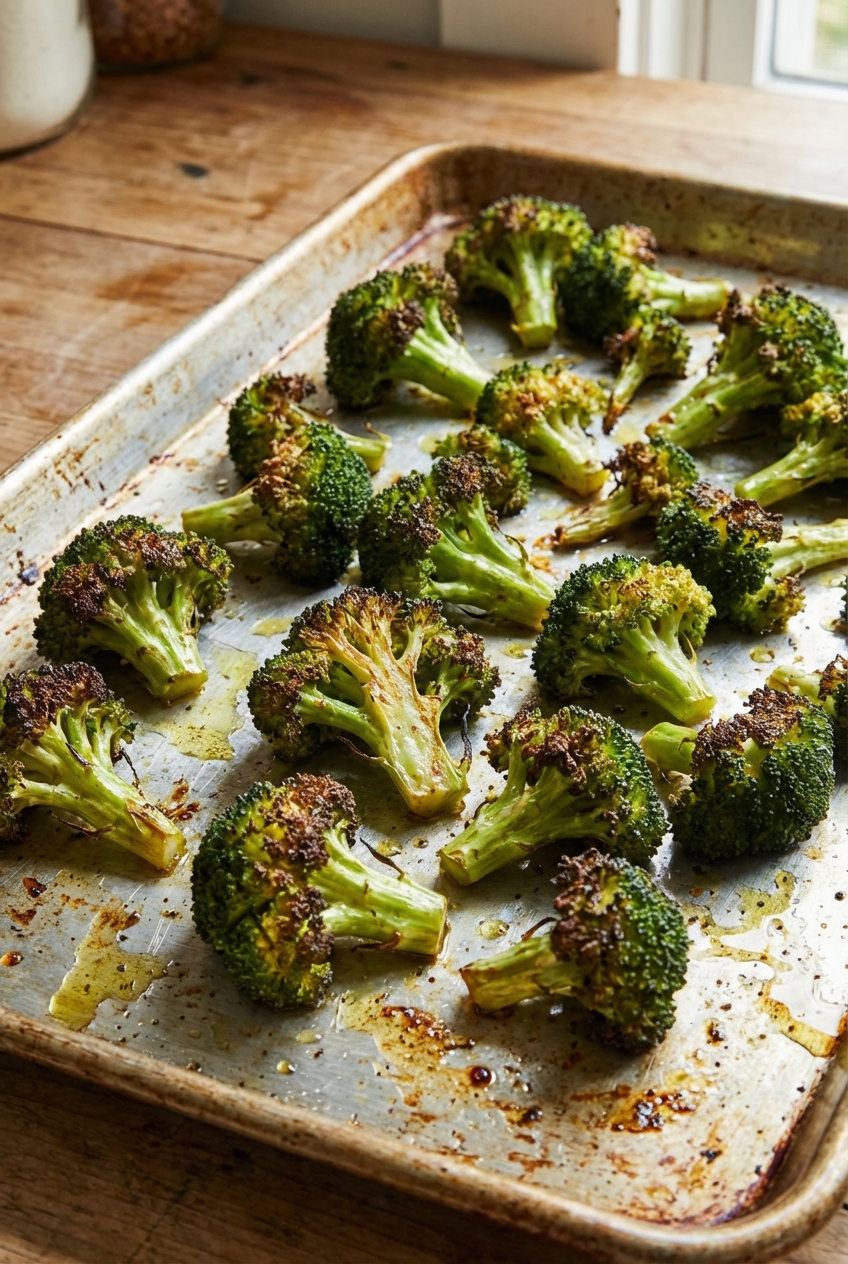 Roasted broccoli on a sheet pan with browned edges