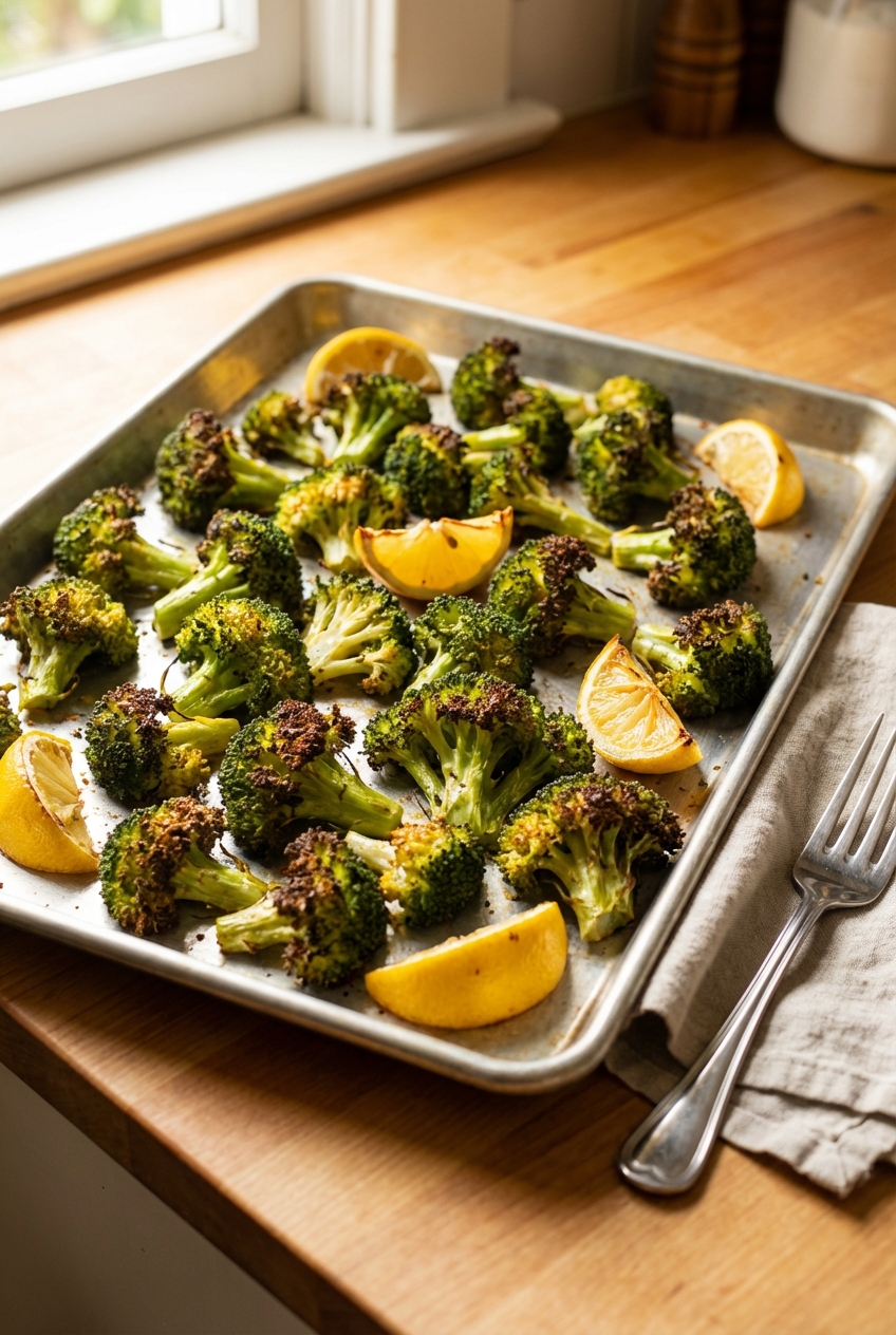Roasted broccoli on a sheet pan with browned edges and lemon wedges