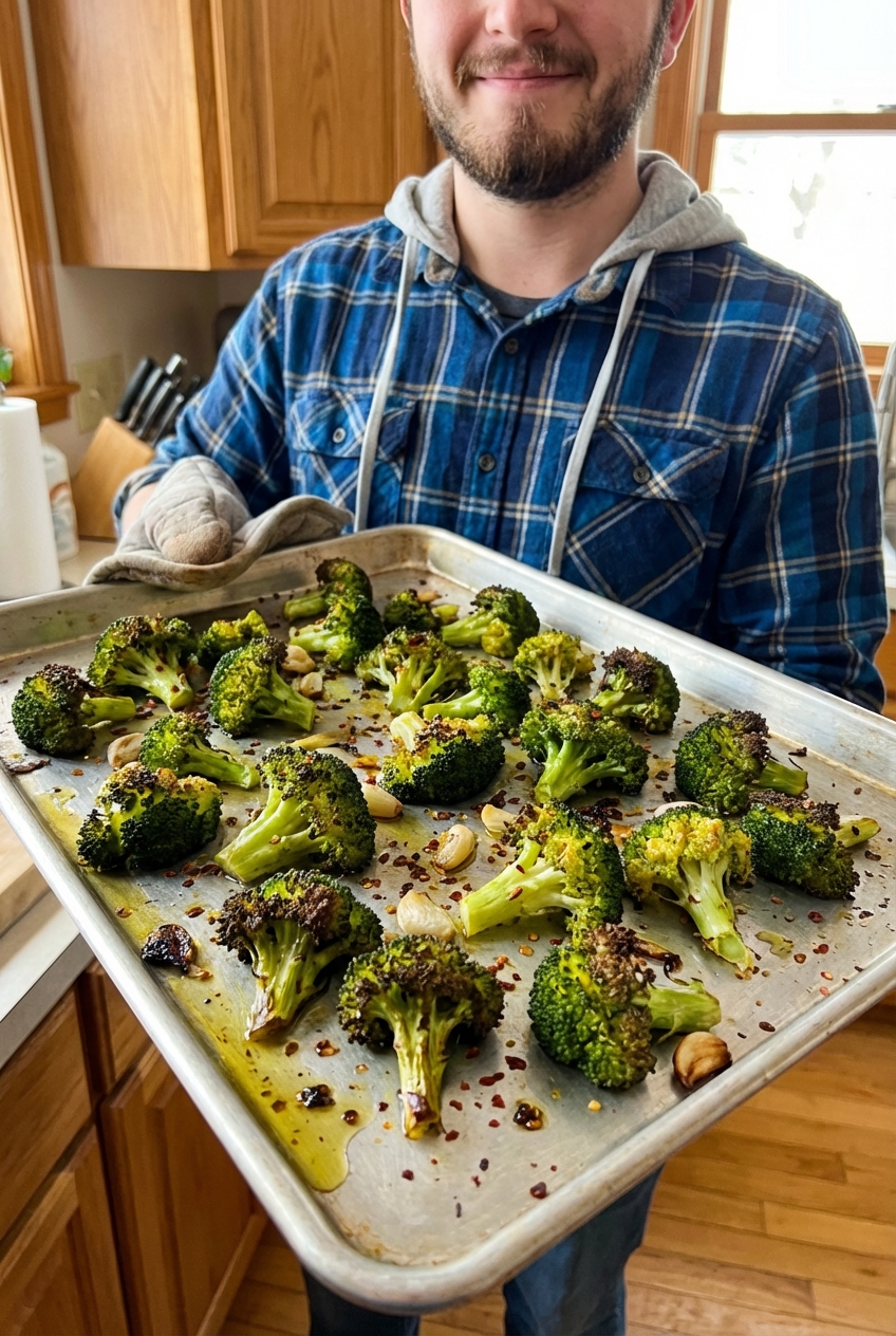 Roasted broccoli on a sheet pan with browned edges
