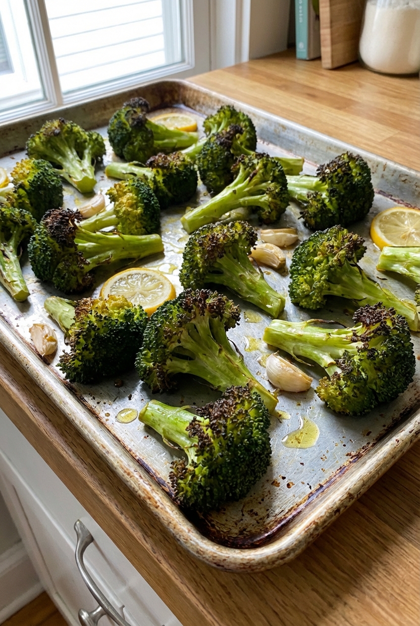 Roasted broccoli on a sheet pan with browned edges