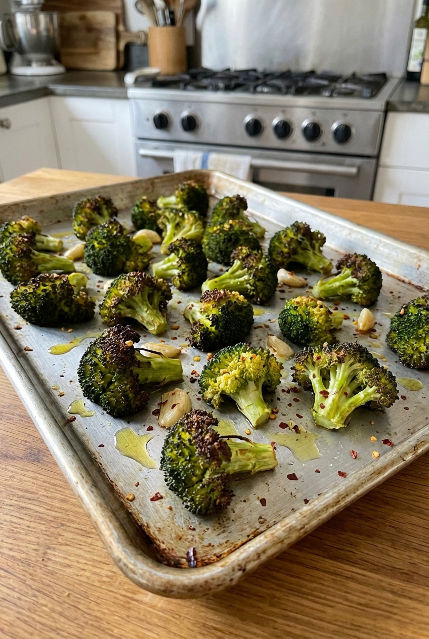 Roasted broccoli on a sheet pan with browned edges
