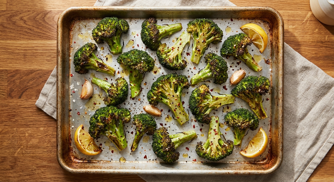 Roasted broccoli on a sheet pan with browned edges