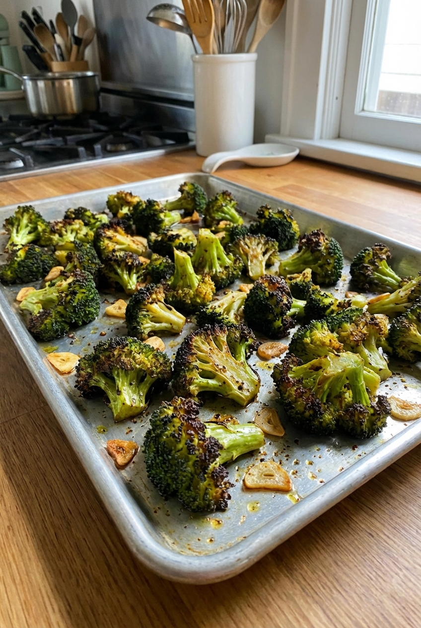 Roasted broccoli on a sheet pan with browned edges and garlic slices