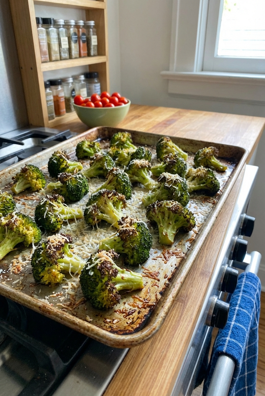 Roasted broccoli on a sheet pan with browned edges and a sprinkle of parmesan