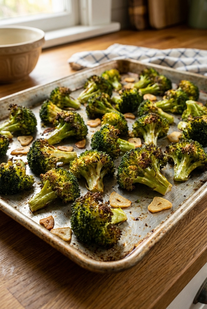 Roasted broccoli on a sheet pan with browned edges and garlic slices