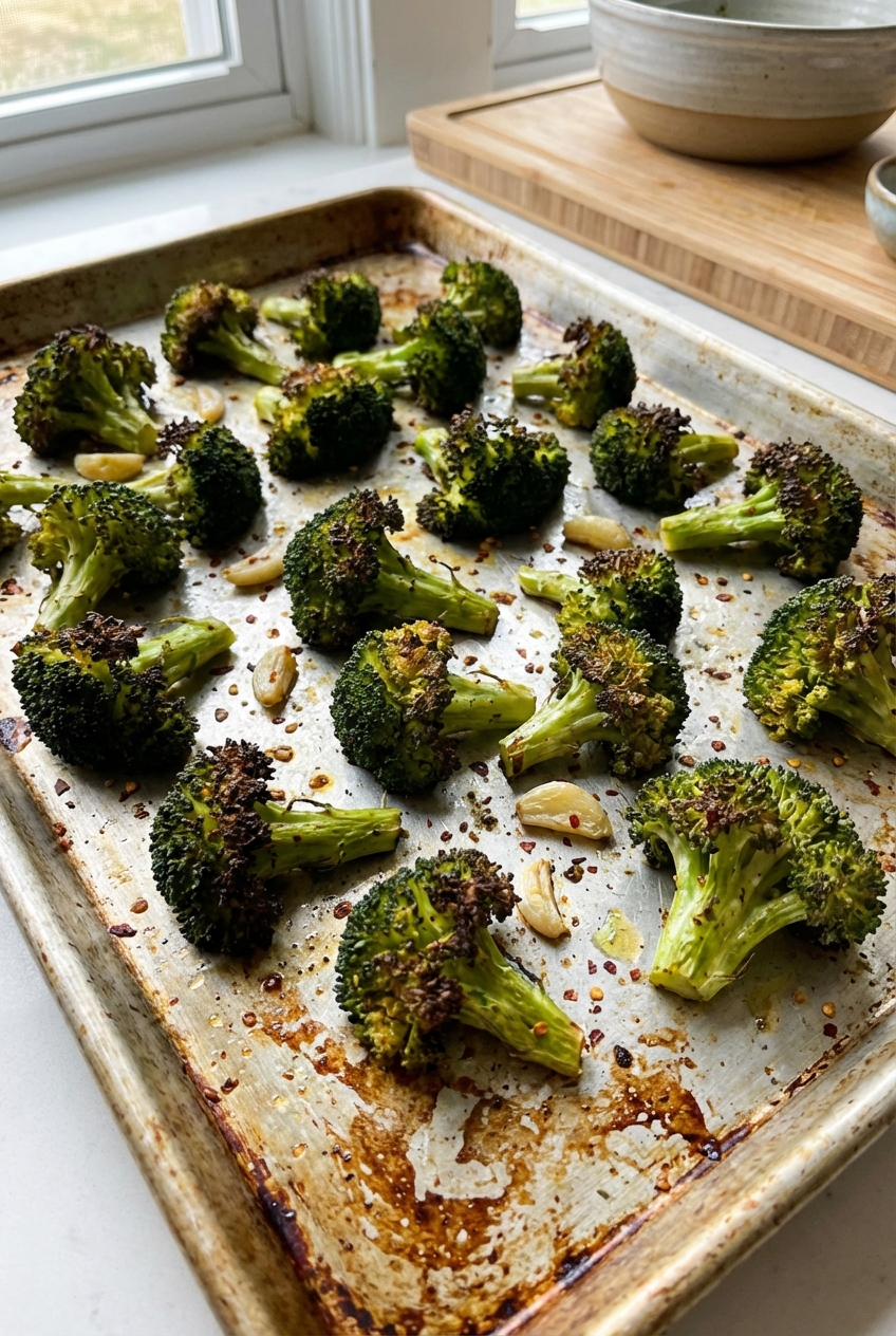 Roasted broccoli on a sheet pan with browned tips