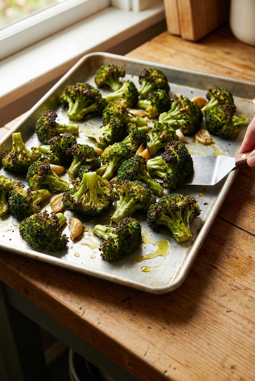 Roasted broccoli on a sheet pan with charred edges