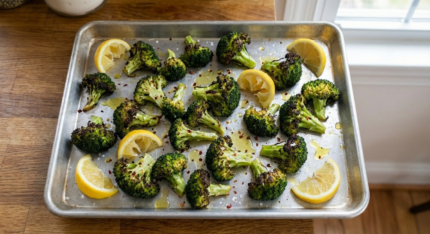 Roasted broccoli on a sheet pan with charred edges and lemon wedges