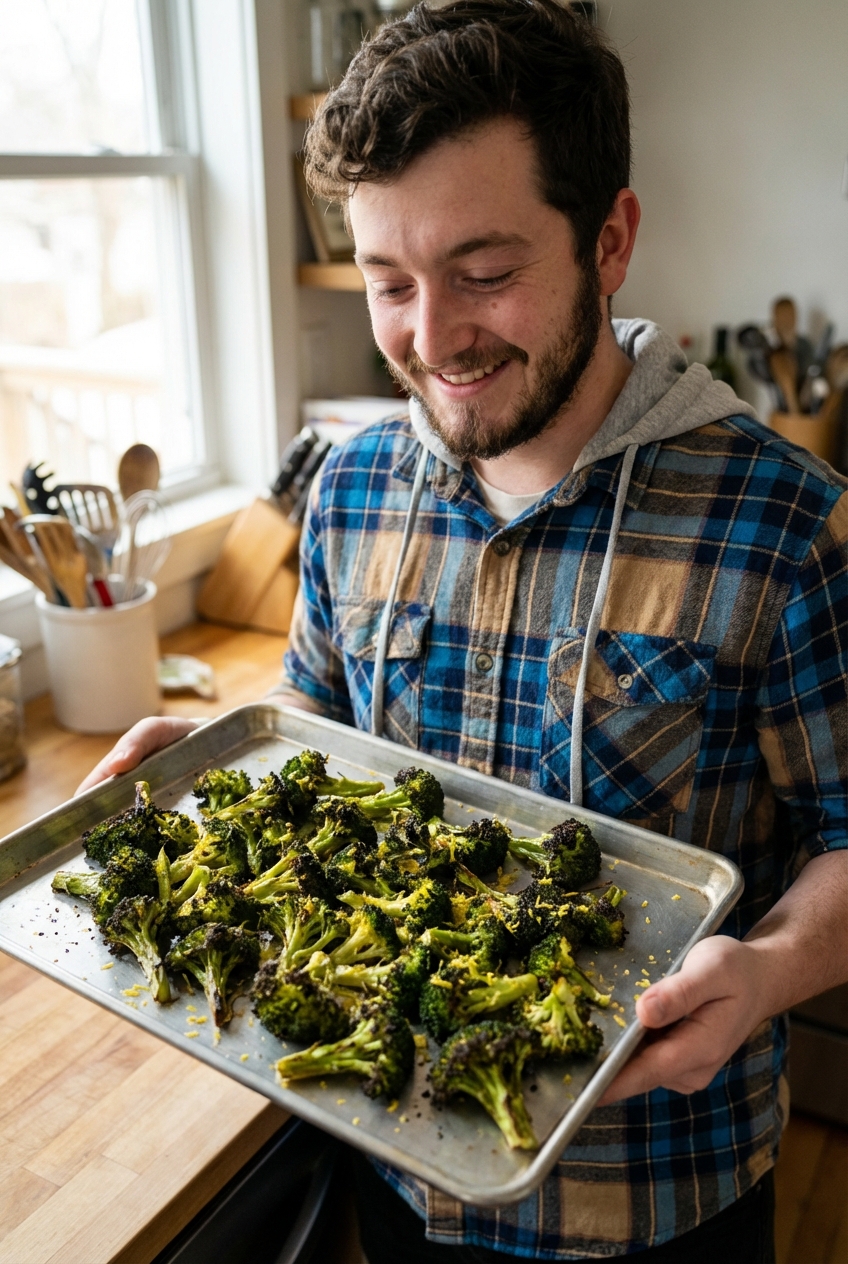 Roasted broccoli on a sheet pan with charred tips and lemon zest