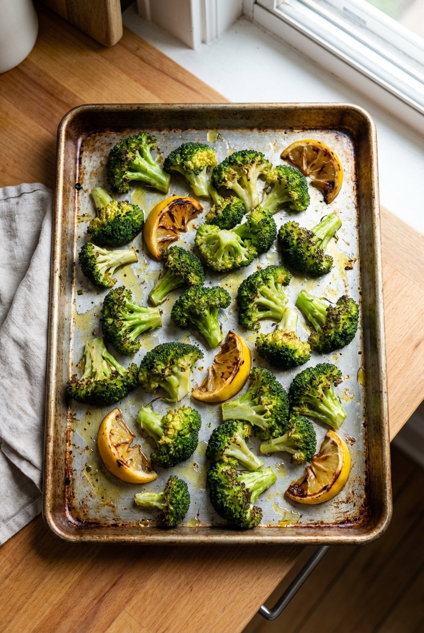 Roasted broccoli on a sheet pan with lemon wedges