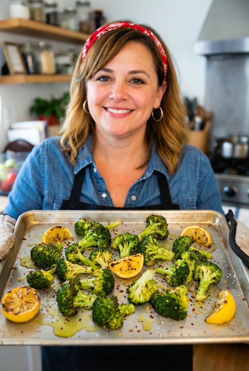 Roasted broccoli on a sheet pan with lemon wedges