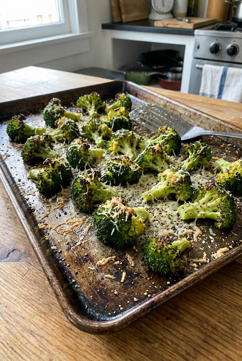 Roasted broccoli on a sheet pan with parmesan and pepper