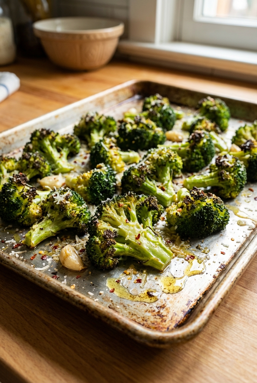 Roasted broccoli on a sheet pan