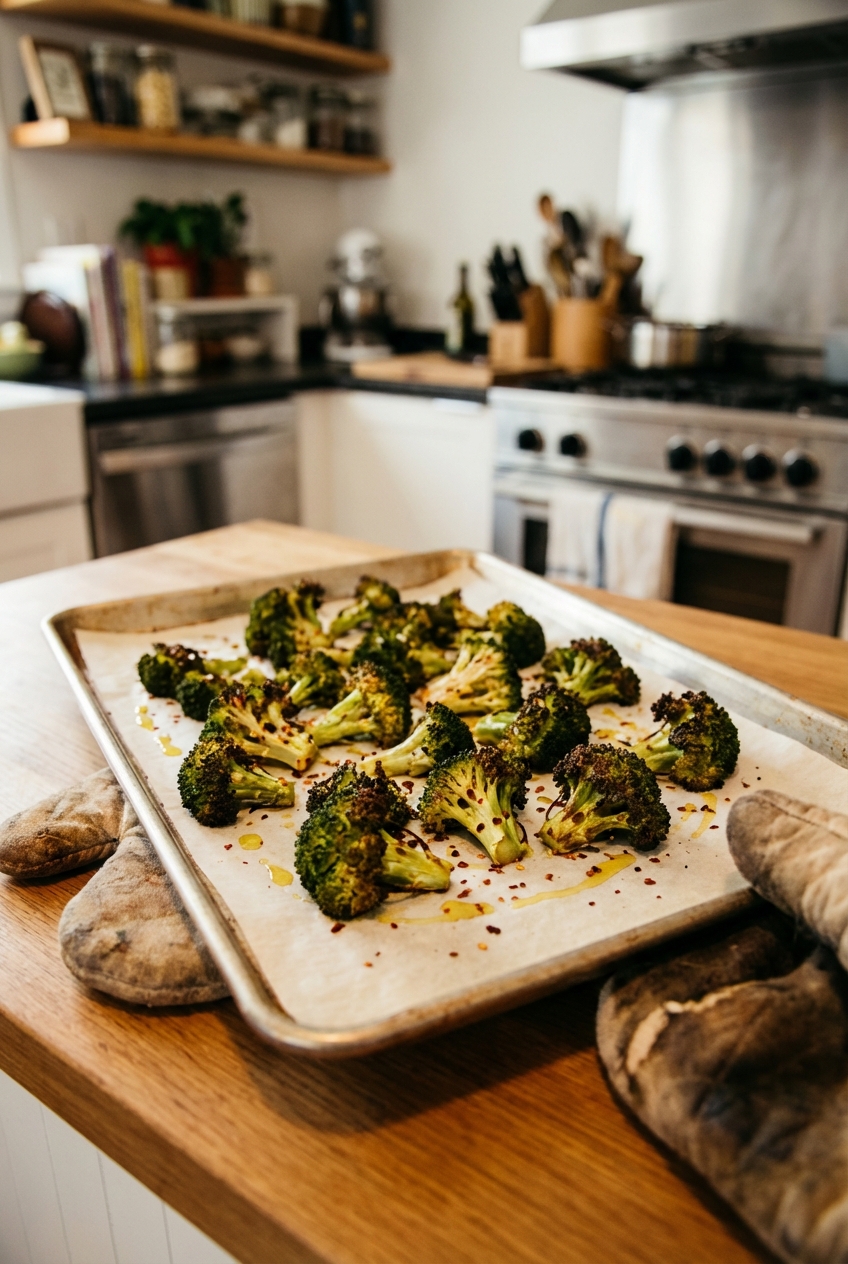 Roasted broccoli with browned edges on a baking sheet