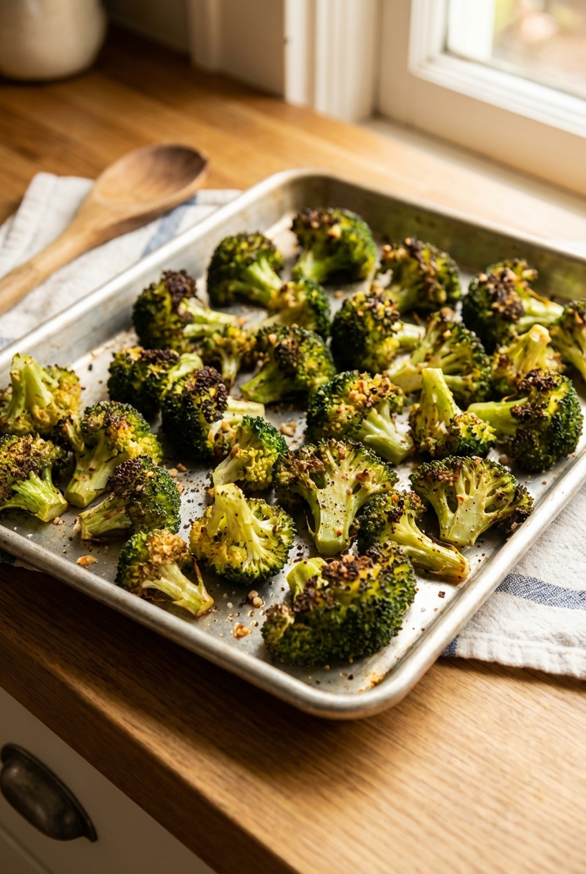 Roasted broccoli with browned edges on a baking tray