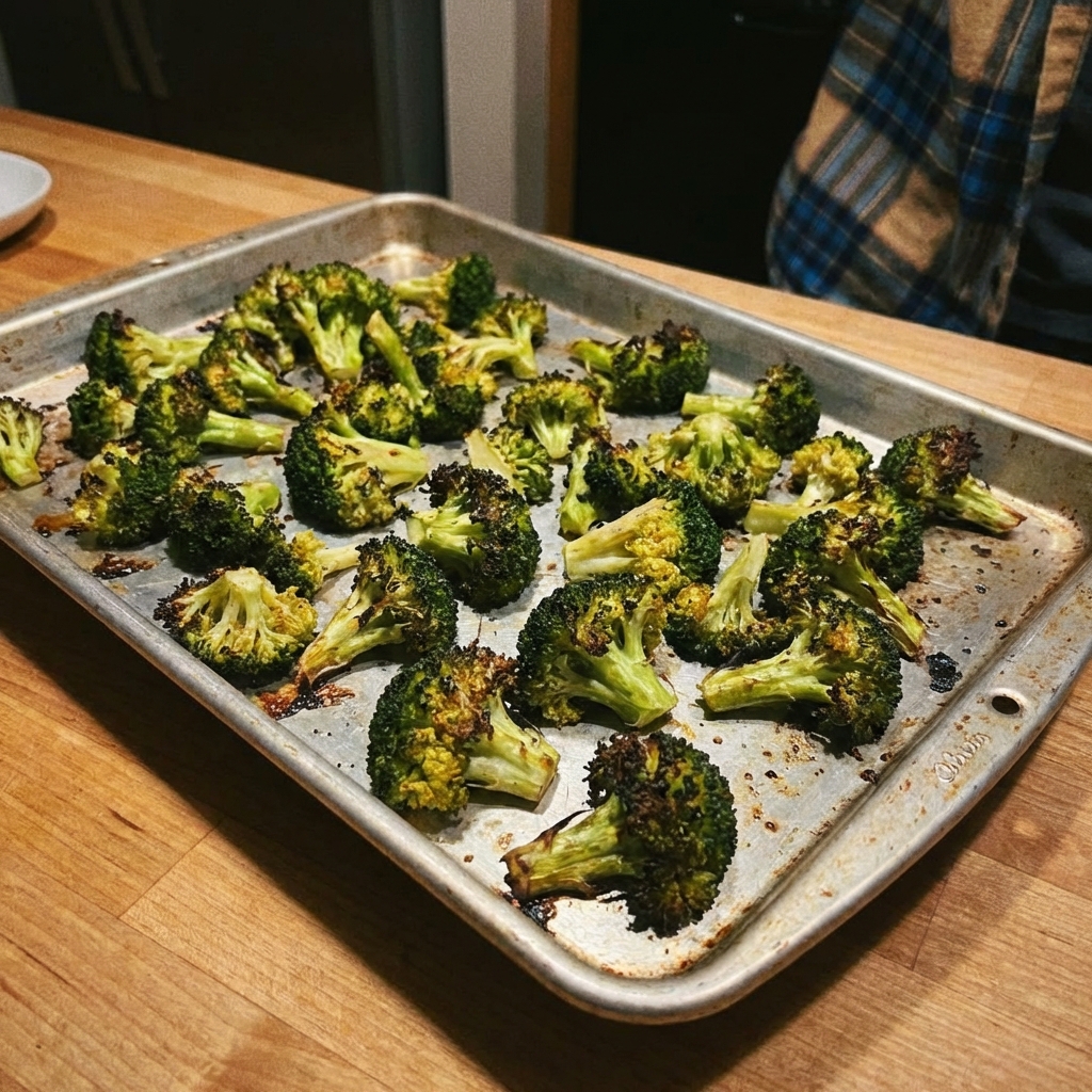 Roasted broccoli with browned edges on a sheet pan