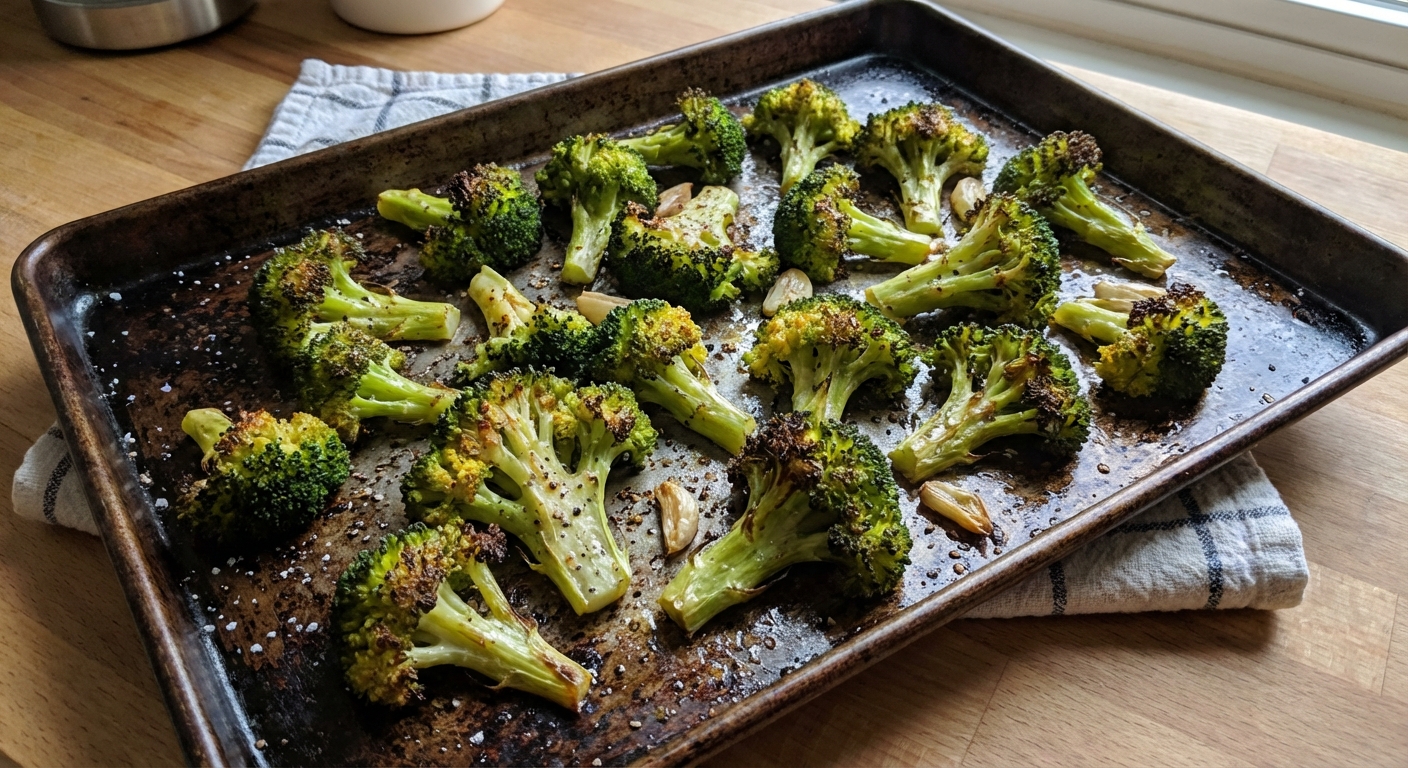 Roasted broccoli with browned edges on a sheet pan