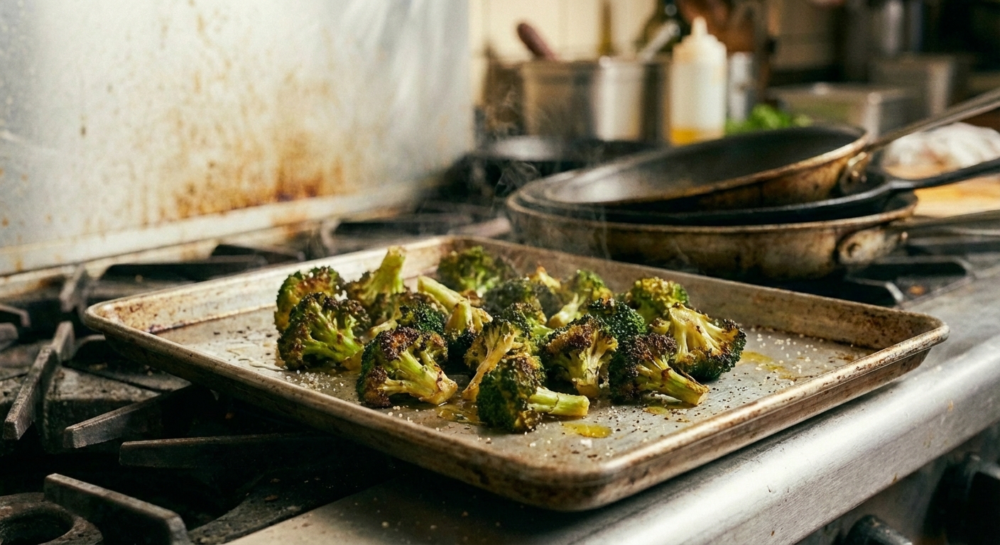 Roasted broccoli with browned edges on a sheet pan