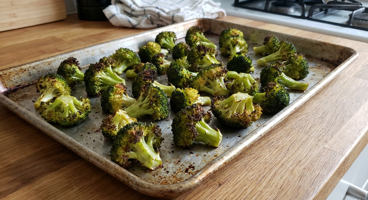 Roasted broccoli with browned edges on a sheet pan