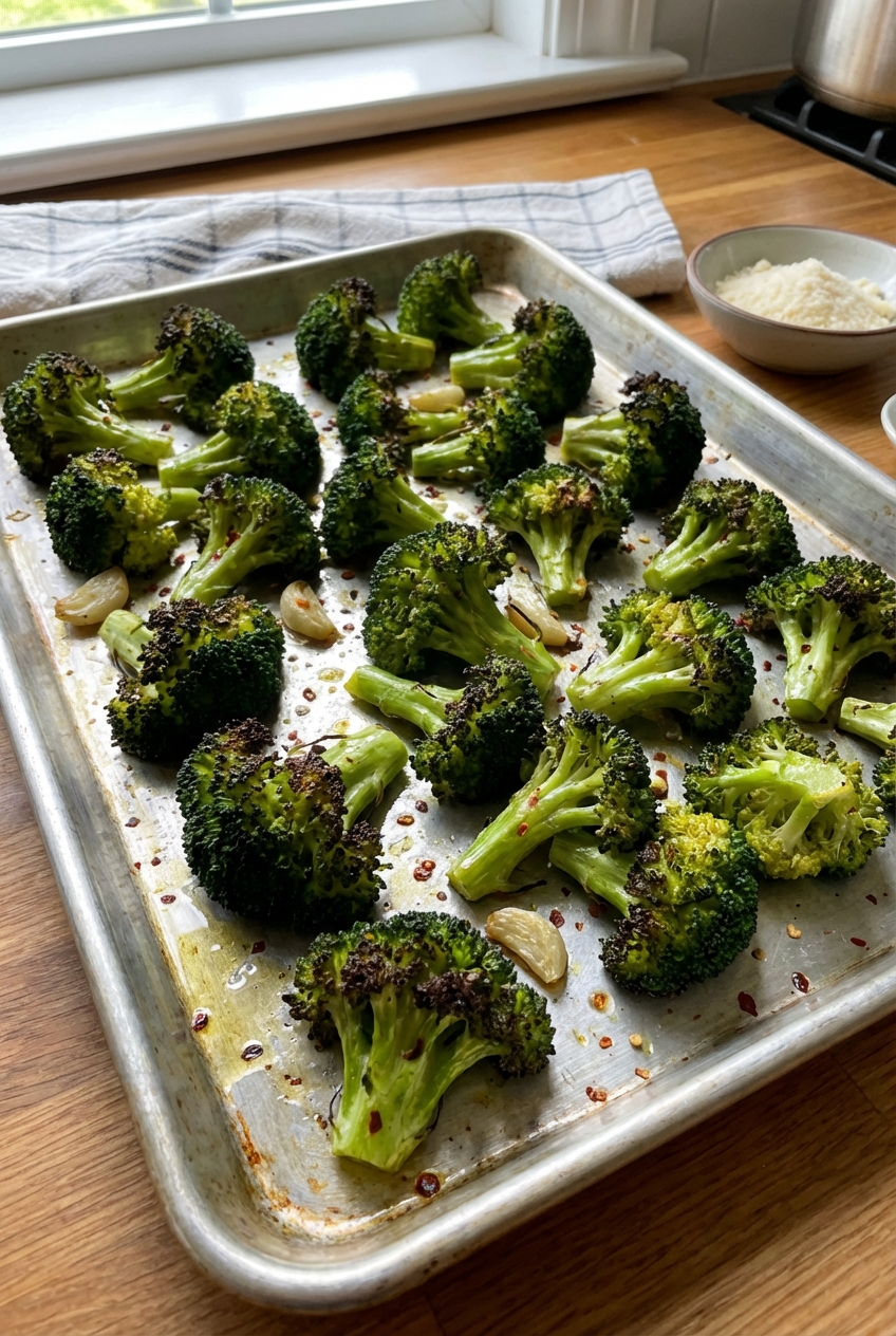 Roasted broccoli with charred tips on a sheet pan