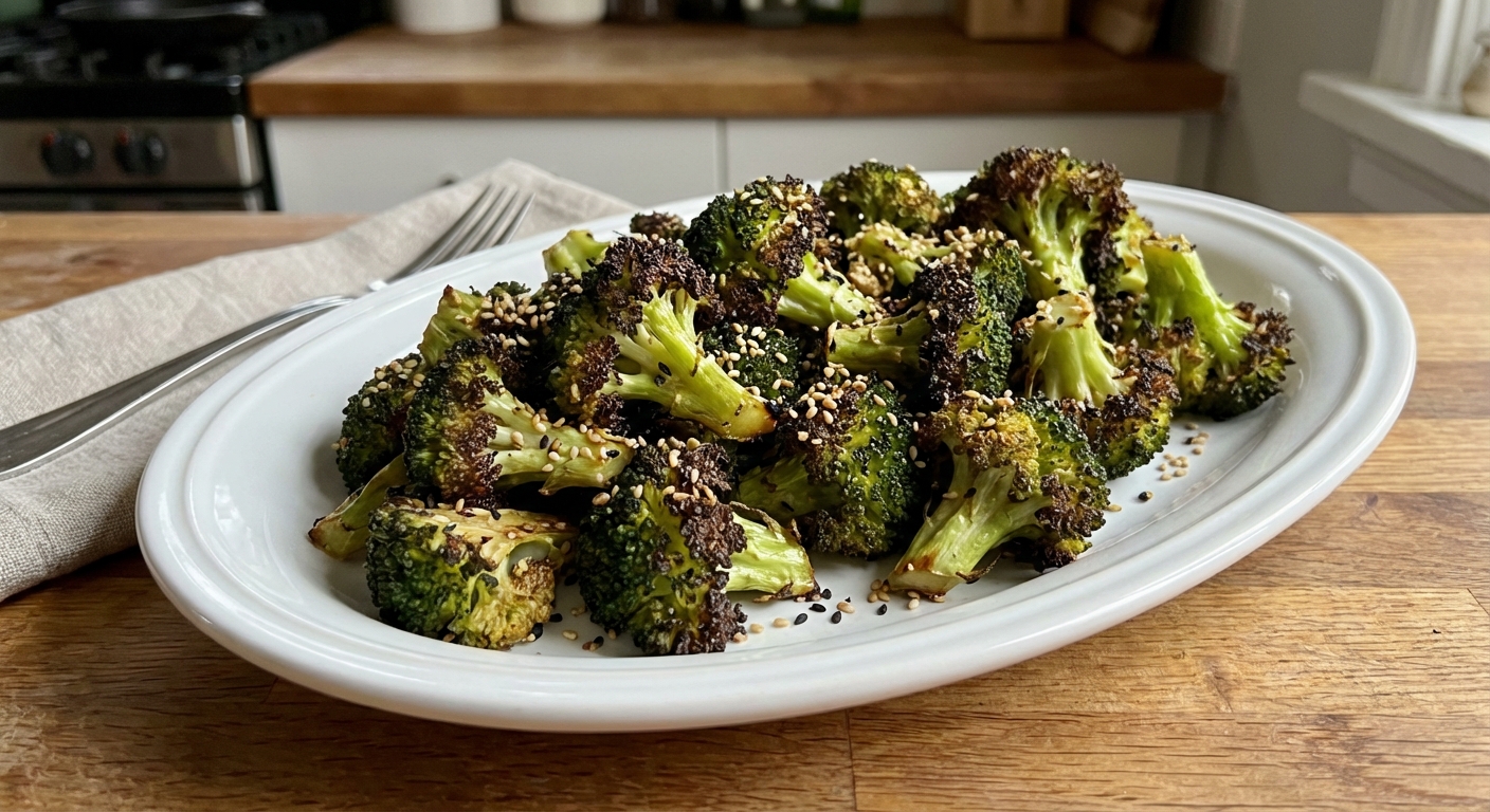 Roasted broccoli with crispy edges and sesame seeds on a white platter