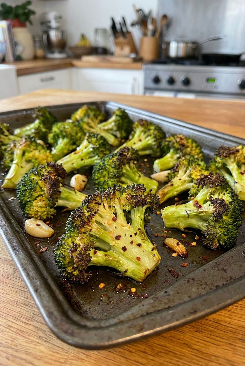 Roasted broccoli with crispy edges on a dark tray