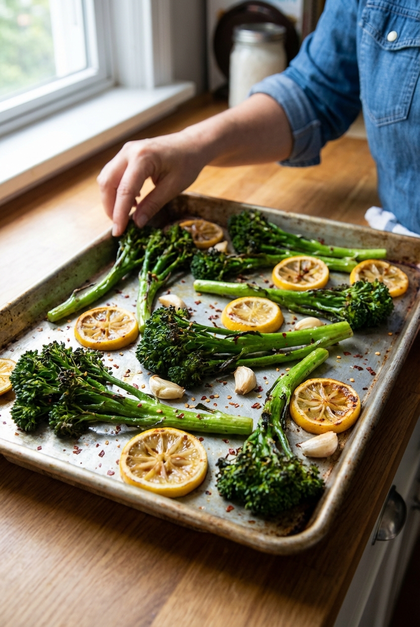 Roasted broccolini on a sheet pan with charred tips and lemon slices