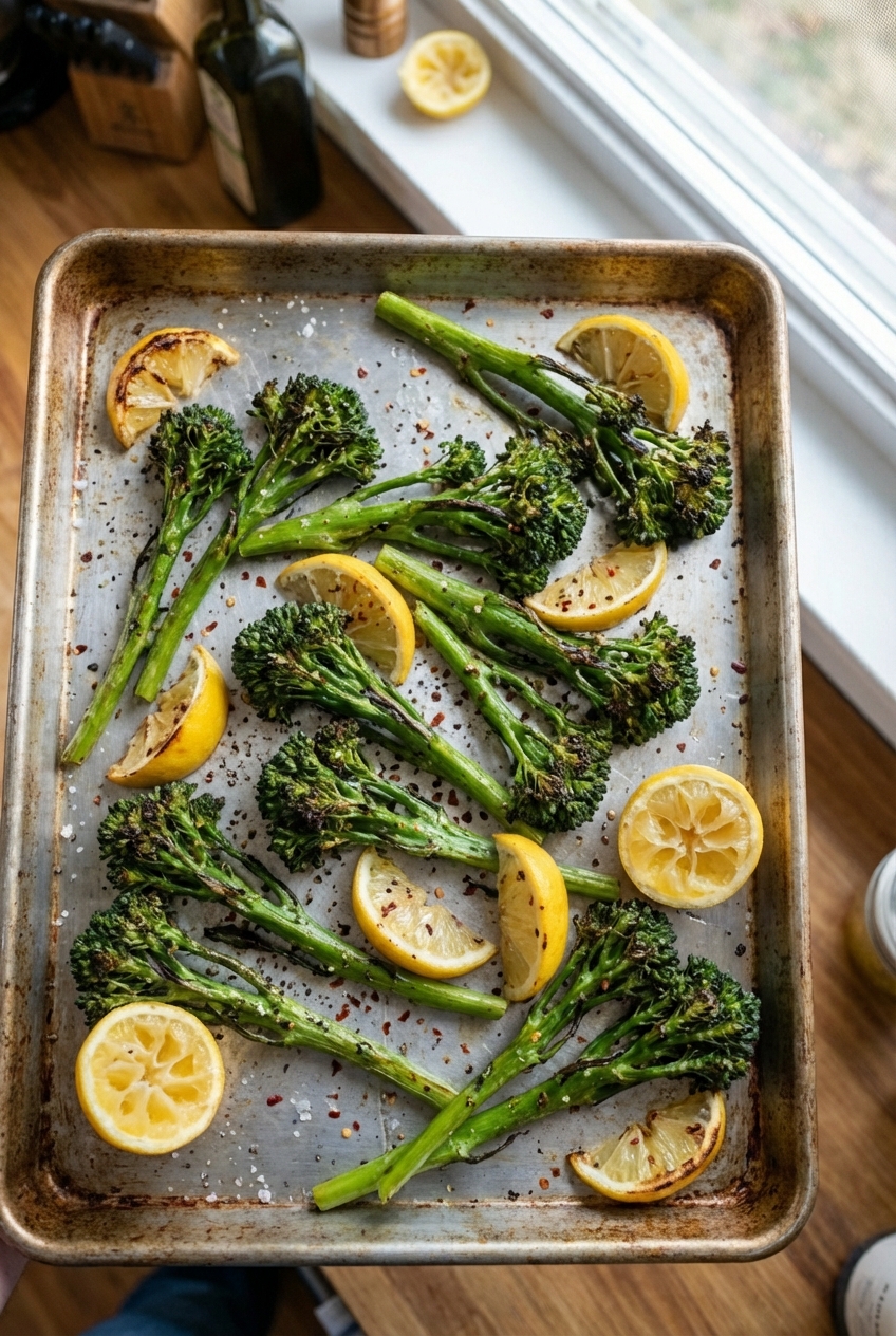 Roasted broccolini on a sheet pan with charred tips and lemon wedges
