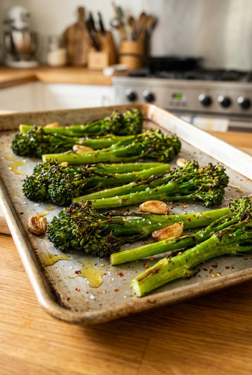 Roasted broccolini on a sheet pan with charred tips
