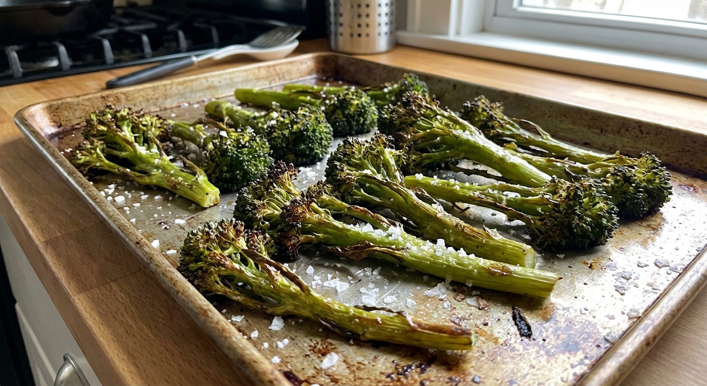 Roasted broccolini on a sheet pan with crisp edges and a sprinkle of salt