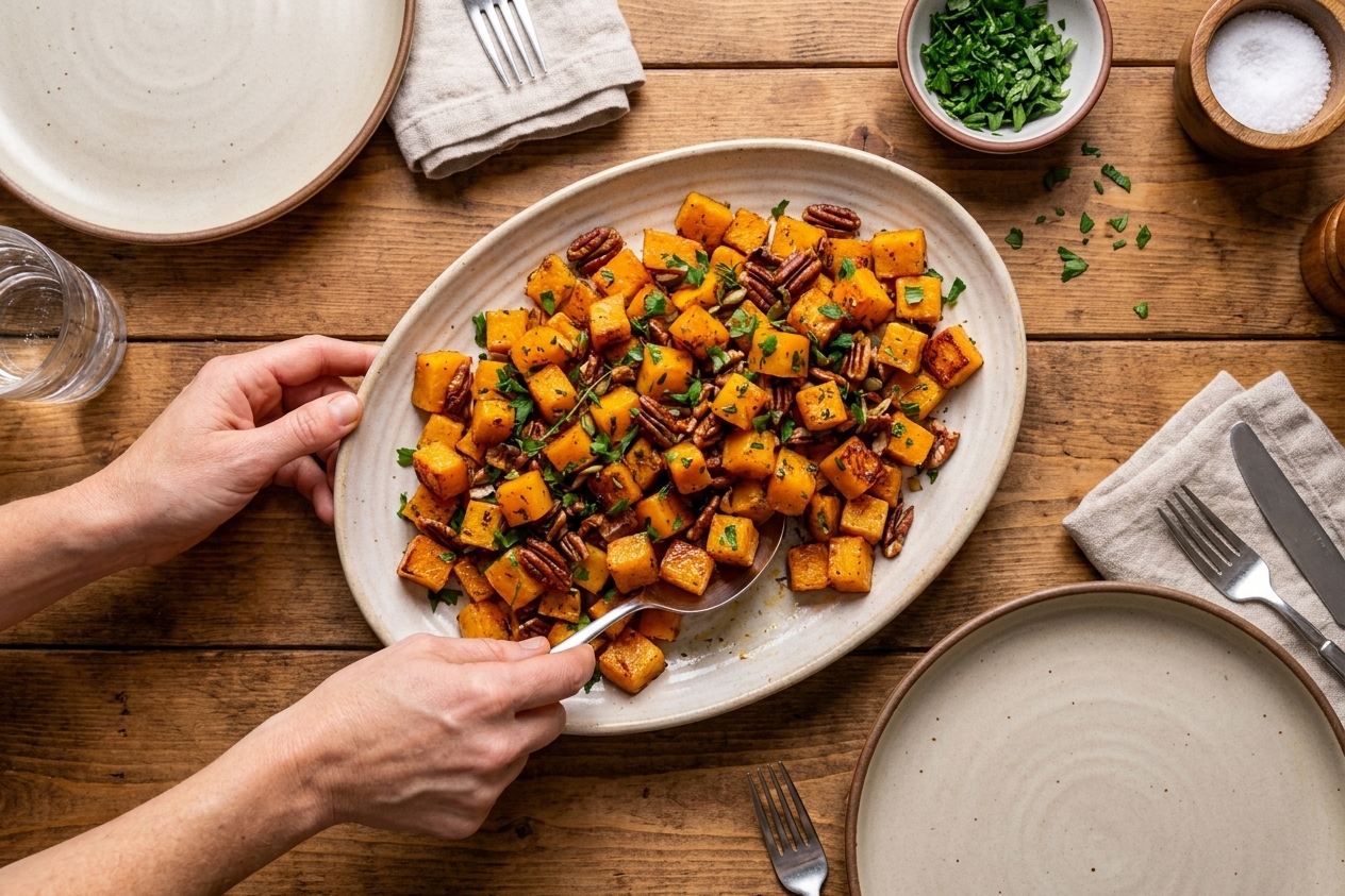 Roasted butternut squash cubes piled on a serving platter with chopped herbs, set on a simple family dinner table