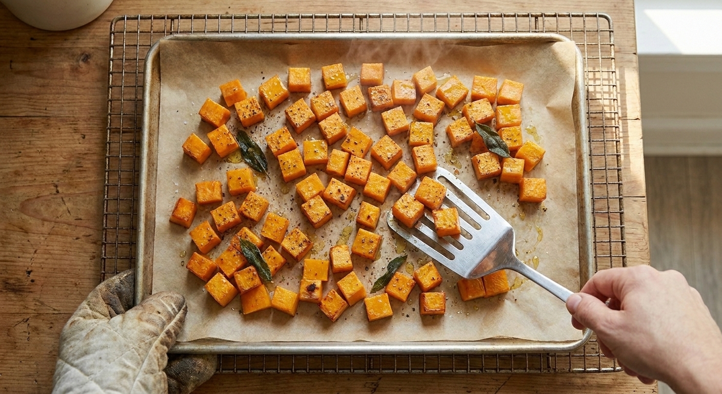 Roasted butternut squash cubes with caramelized edges on a sheet pan just out of the oven