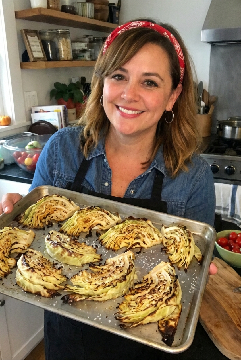 Roasted cabbage wedges on a sheet pan with browned edges and a sprinkle of salt