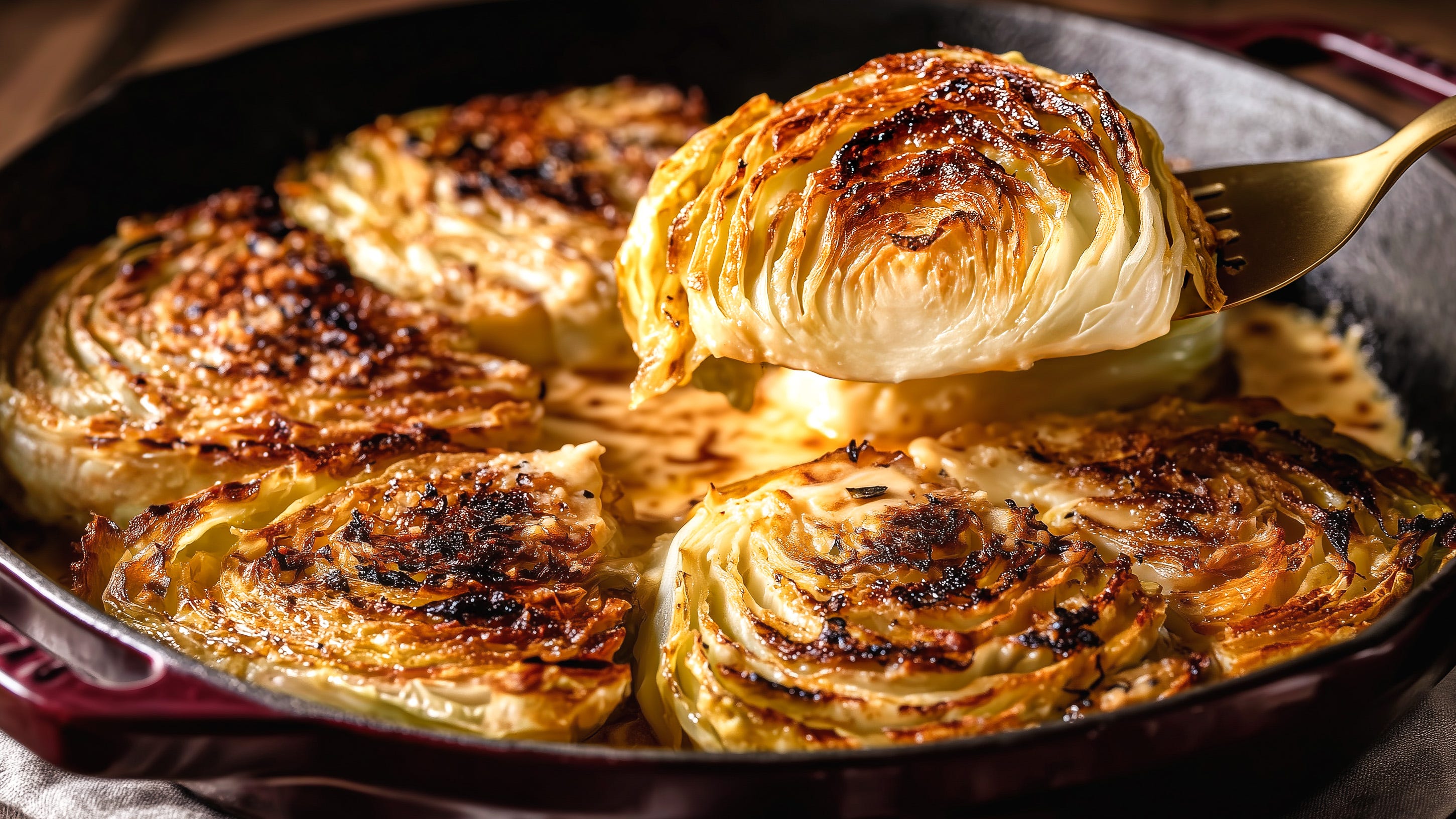 Roasted cabbage wedges on a sheet pan with crisp browned edges, garlic butter in the pan, and a light dusting of Parmesan