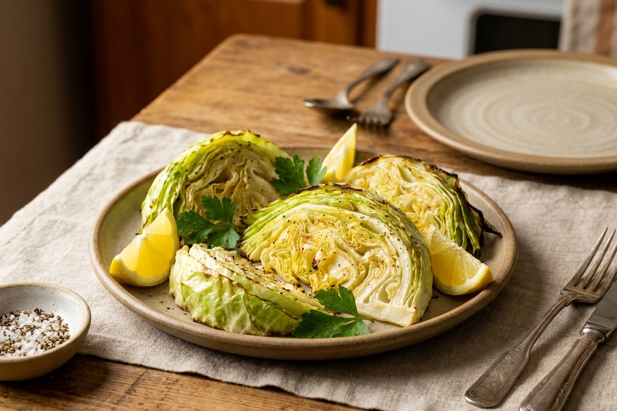 Roasted cabbage wedges plated on a simple ceramic dish with lemon wedges and parsley on a neatly set dinner table