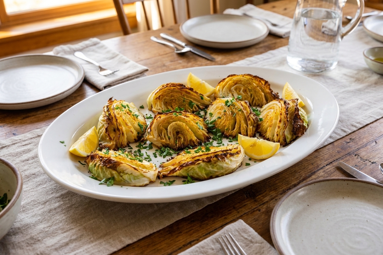 Roasted cabbage wedges plated on a white serving platter with chopped parsley and lemon wedges, set on a simple family dinner table