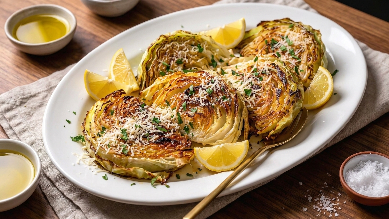 Roasted cabbage wedges plated on a white serving platter with Parmesan and parsley, lemon wedges on the side