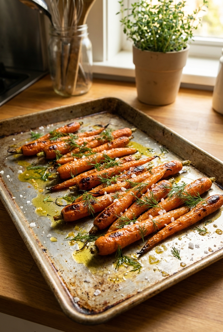 Roasted carrots on a sheet pan with fresh dill and flaky salt