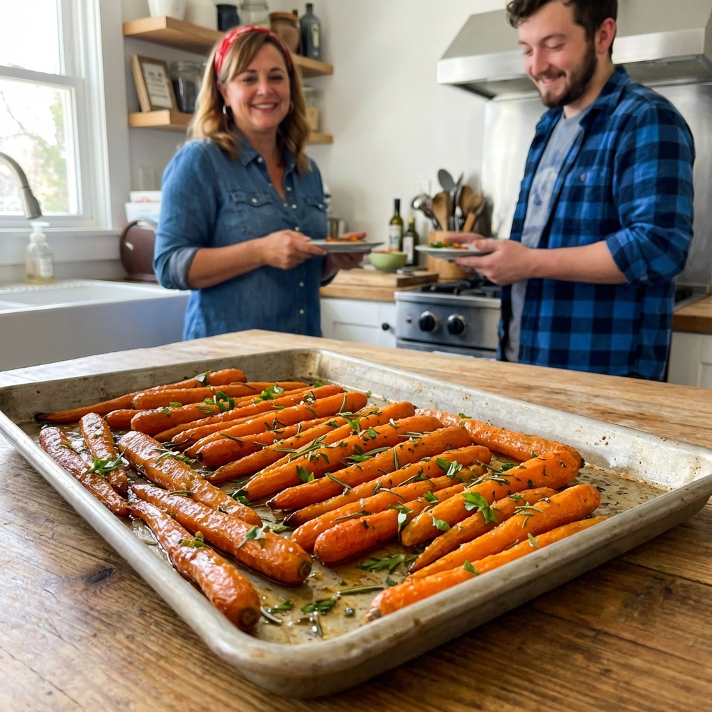Roasted carrots on a sheet pan with herbs and a light glaze