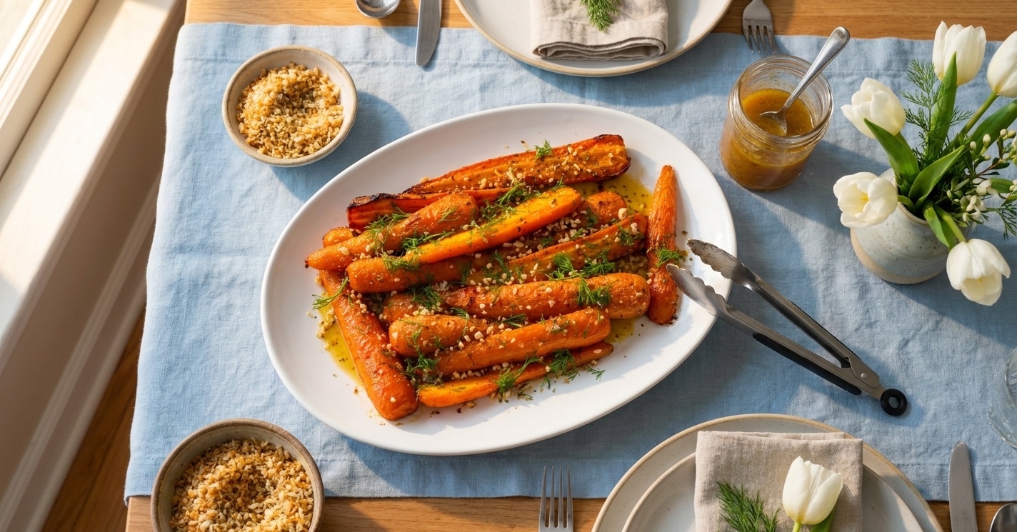 Roasted carrots on a white serving platter glazed and topped with golden herby breadcrumbs set on a spring table setting