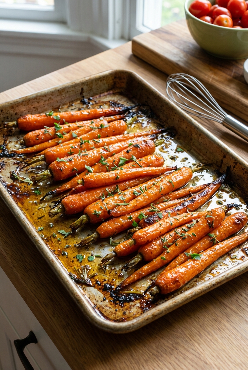 Roasted carrots with a glossy honey glaze and herbs on a sheet pan