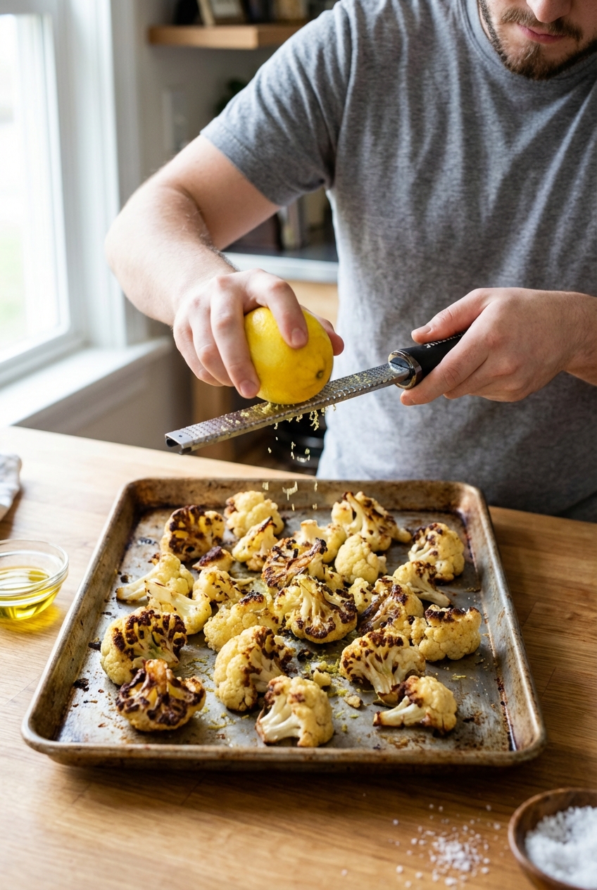 Roasted cauliflower florets on a sheet pan with crisp browned edges, being finished with lemon zest