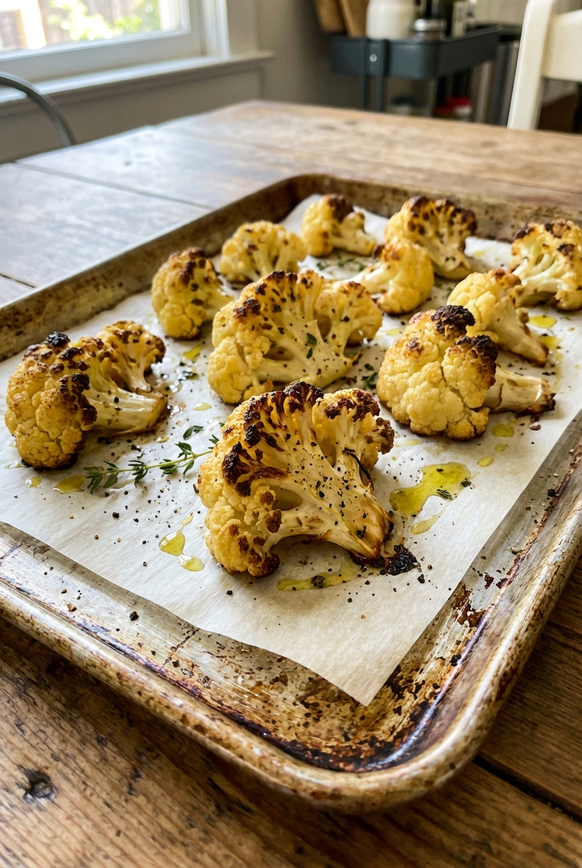 Roasted cauliflower florets with browned edges on a sheet pan