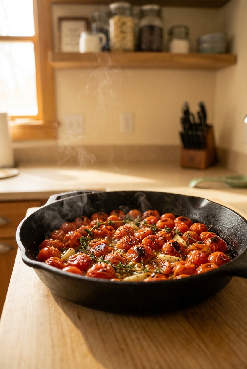 Roasted cherry tomatoes blistered in a skillet