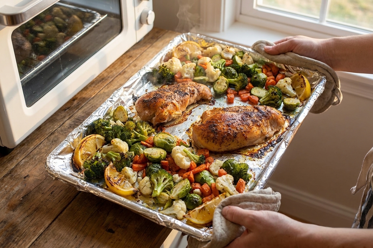 Roasted chicken and vegetables caramelized on a sheet pan fresh from the oven with browned edges and lemon wedges