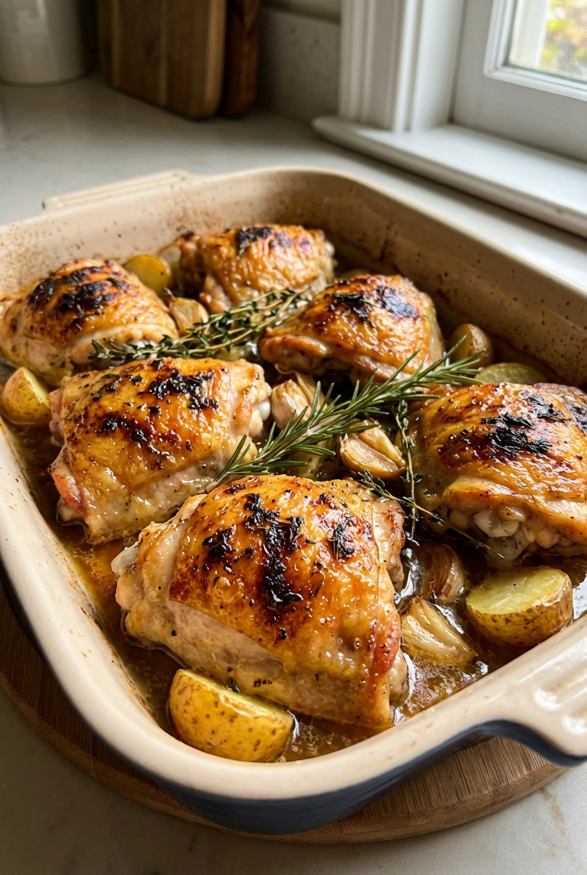 Roasted chicken thighs in a baking dish with golden skin