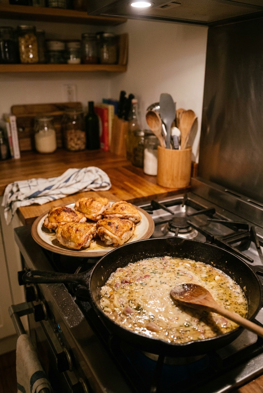 Roasted chicken thighs resting on a plate while a creamy pan sauce simmers in a skillet