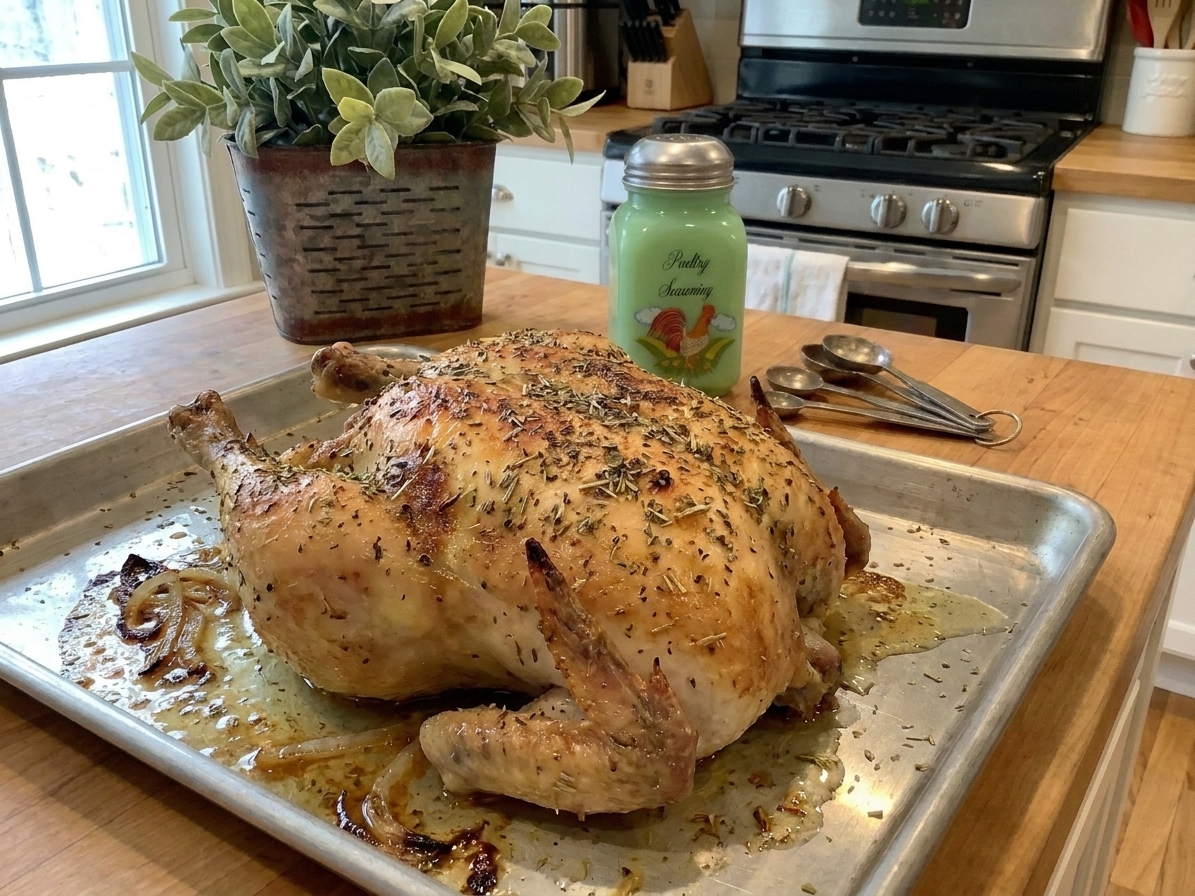Roasted chicken with golden skin and visible specks of herbs from poultry seasoning on a sheet pan
