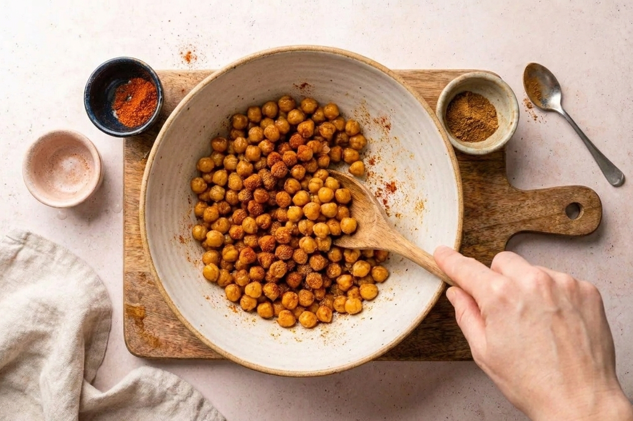 Roasted chickpeas being tossed with smoked paprika and cumin in a mixing bowl on a kitchen counter