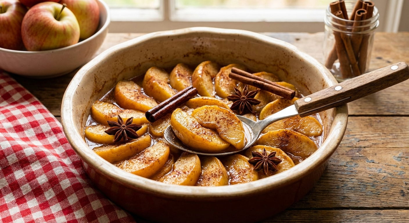 Roasted cinnamon apples in a baking dish with a serving spoon
